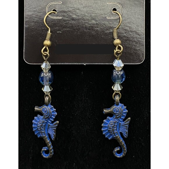 Bronze Tone Seahorse with Blue Glass & Clear Crystal Bead Earrings by Neanie-Bot - Picture 1 of 2